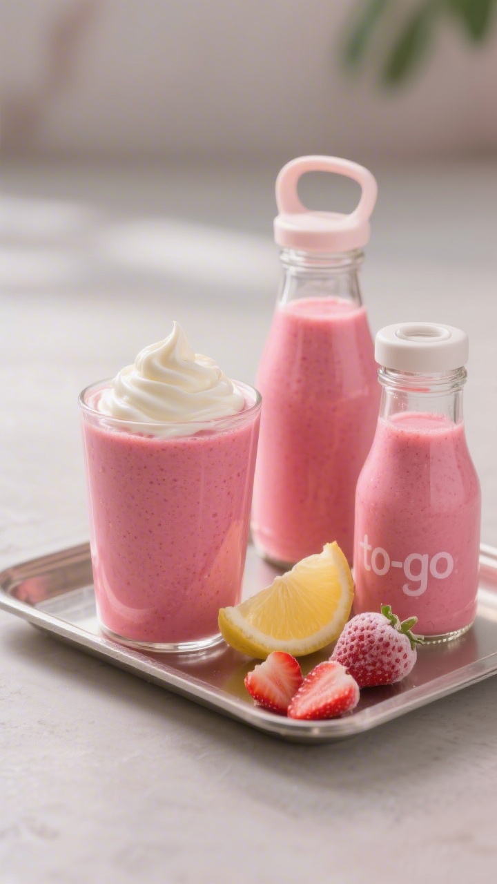 Final presentation hero: beautifully plated Erdbeer-Bananen-Kinder-Smoothie trio on a tray—one cla