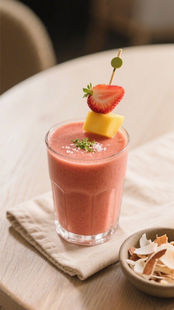 Final presentation hero: Restaurant-quality single glass of Erdbeer-Mango-Smoothie with ultra-smooth