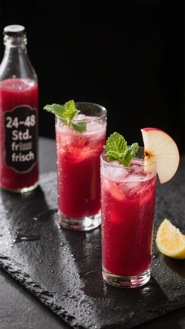 Final presentation: Restaurant-quality serving of Rote-Bete-Apfel-Saft on a dark slate surface—two