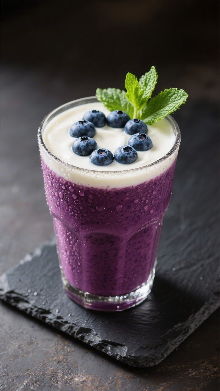 Final presentation: Restaurant-quality single glass of Heidelbeer Joghurt Smoothie with extra-creamy