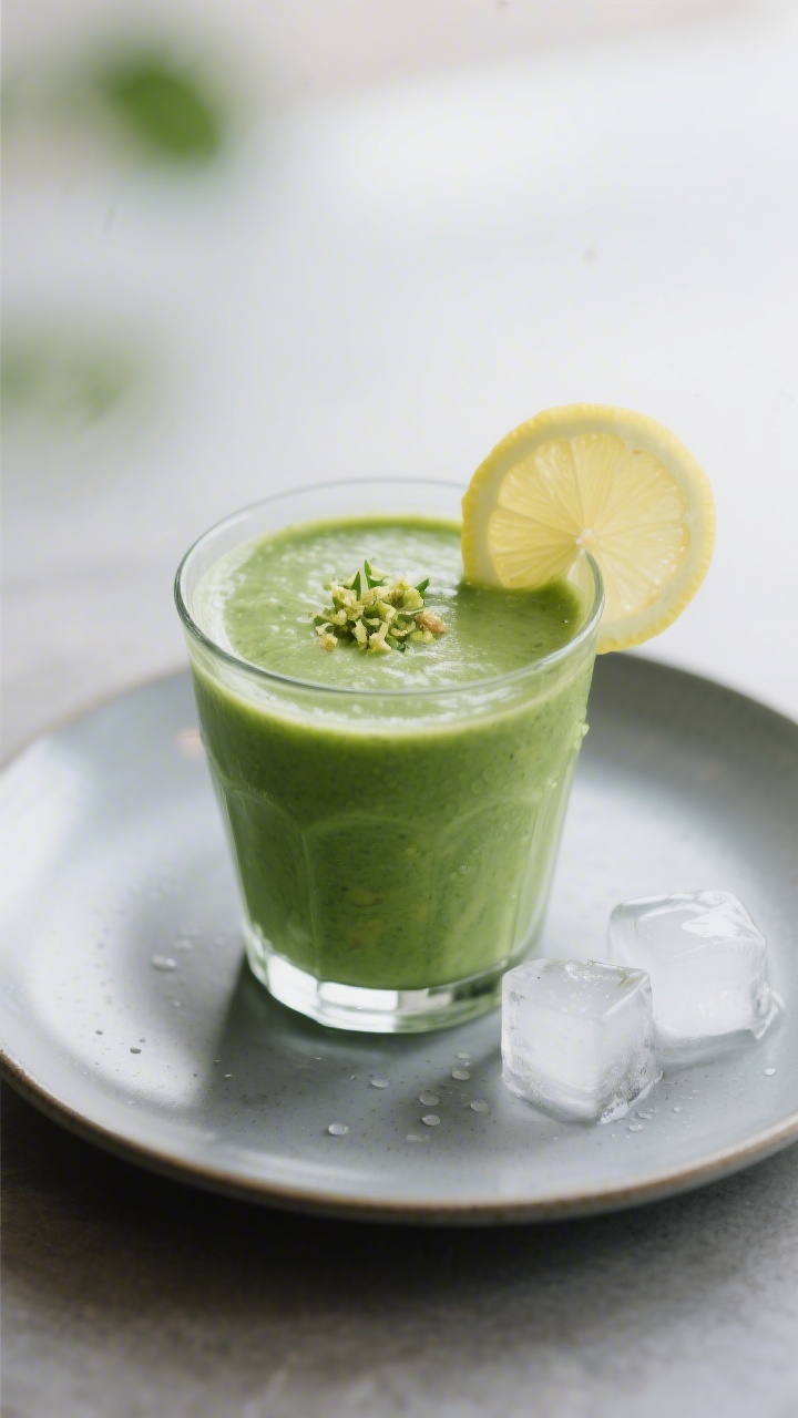 Final presentation: Restaurant-quality single glass of Avocado Spinat Smoothie on a matte ceramic pl