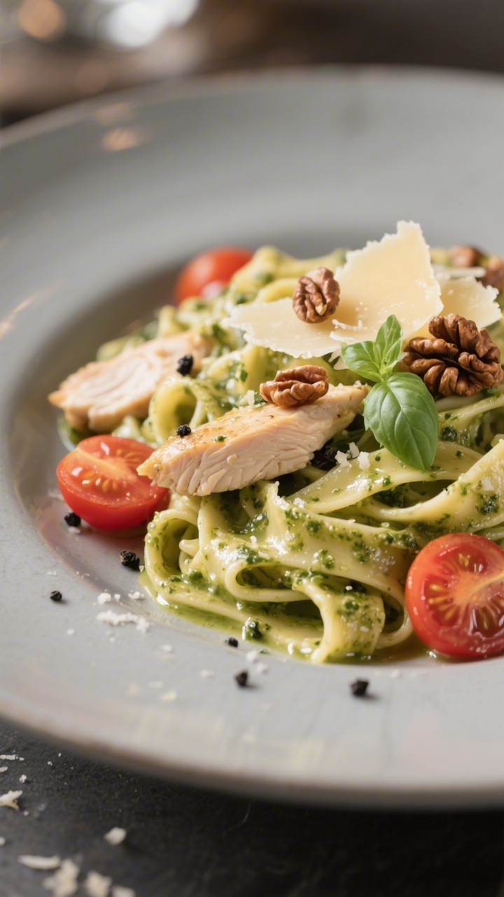 Finaler Teller-Shot: Restaurantreif angerichtete Tagliatelle-Hähnchen-Pesto-Pasta auf einem matten,