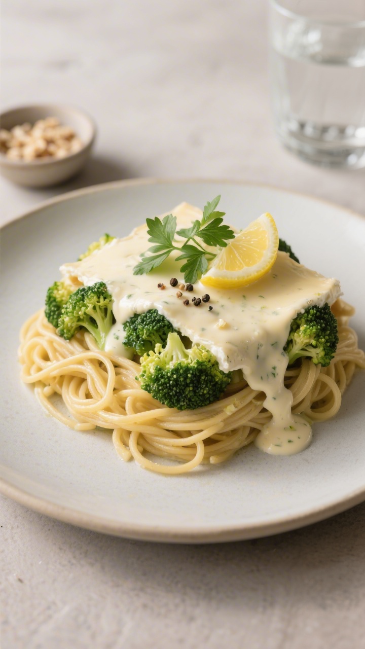 Finaler Teller: Sorgfältig angerichtete Portion des Brokkoli-Nudelauflaufs auf einem matten, hellen