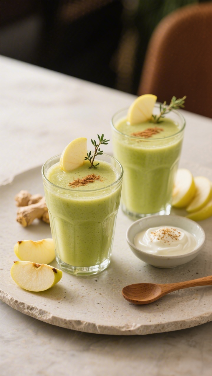Finales Anrichten: Restaurantreifes Servierbild – zwei hohe, klare Gläser Apfel-Ingwer-Smoothie a