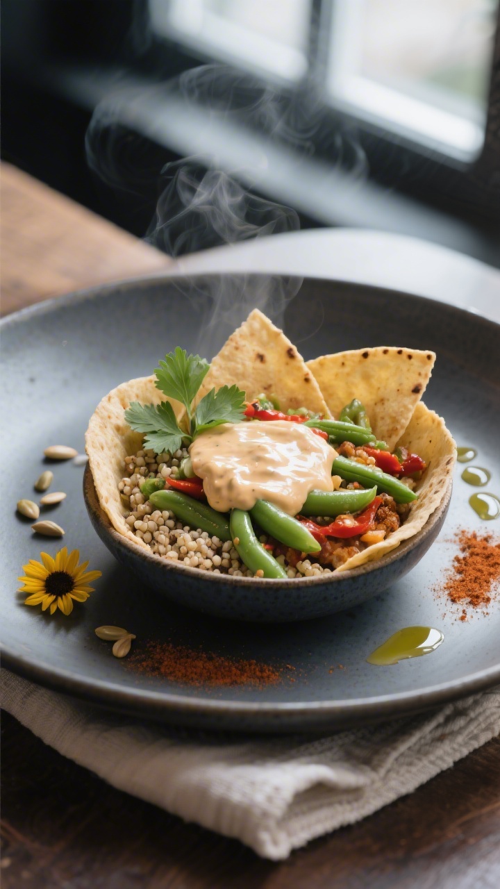 Finales Plating in Restaurant-Qualität: elegant angerichtete Taco-Bowl-Variation mit Quinoa-Basis, 