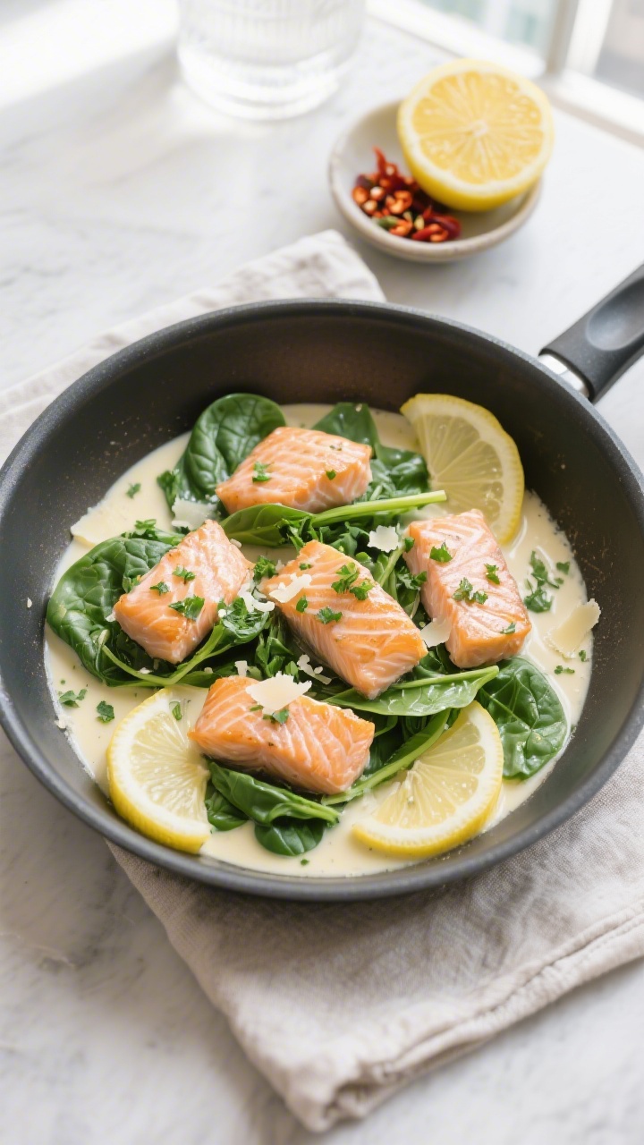 Overhead-Aufnahme der finalen Lachs-Spinat-Pfanne, appetitliche Top-View: Lachsstücke locker vertei
