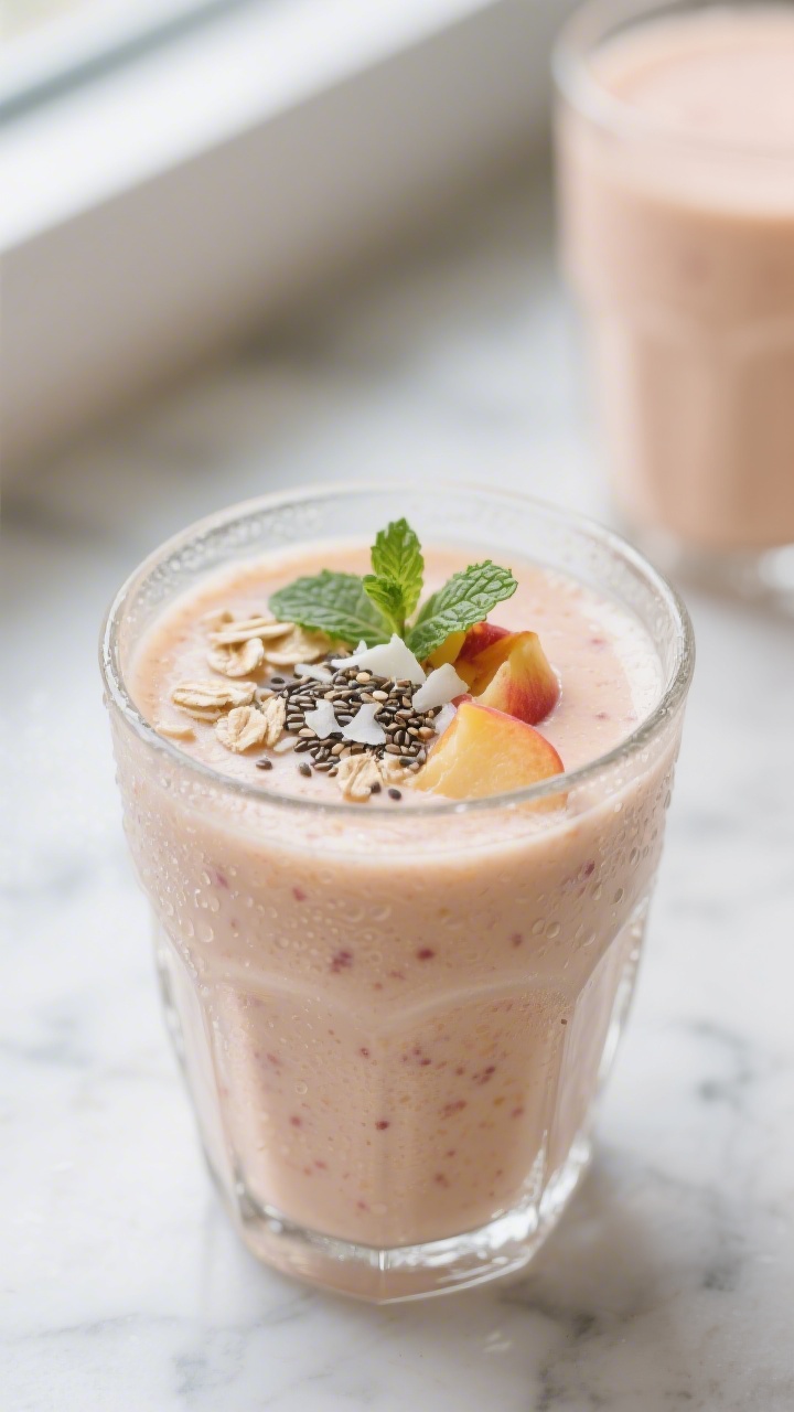 Overhead shot of a freshly blended Pfirsich-Bananen-Smoothie in a clear glass, ultra-creamy texture 