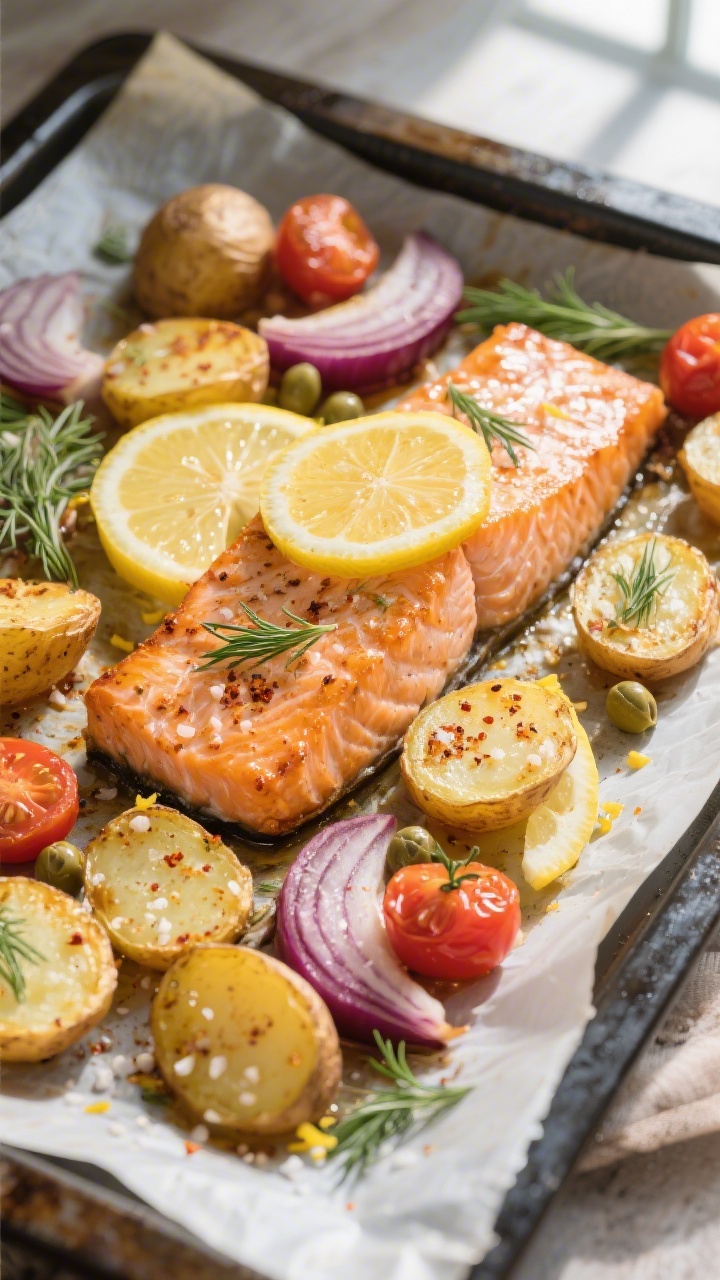 Overhead shot of sheet-pan Lachs mit Zitronen-Kartoffeln just out of the oven: crispy, golden, halve