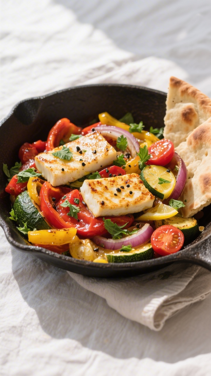 Overhead shot of the finished Knusprige Halloumi-Gemüse-Pfanne in the skillet: seared Halloumi arra