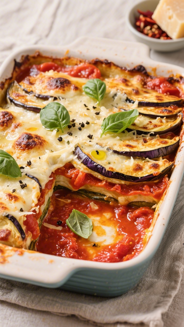 Overhead shot of the layered Auberginen-Tomaten-Auflauf fresh from the oven, bubbling tomato sauce a