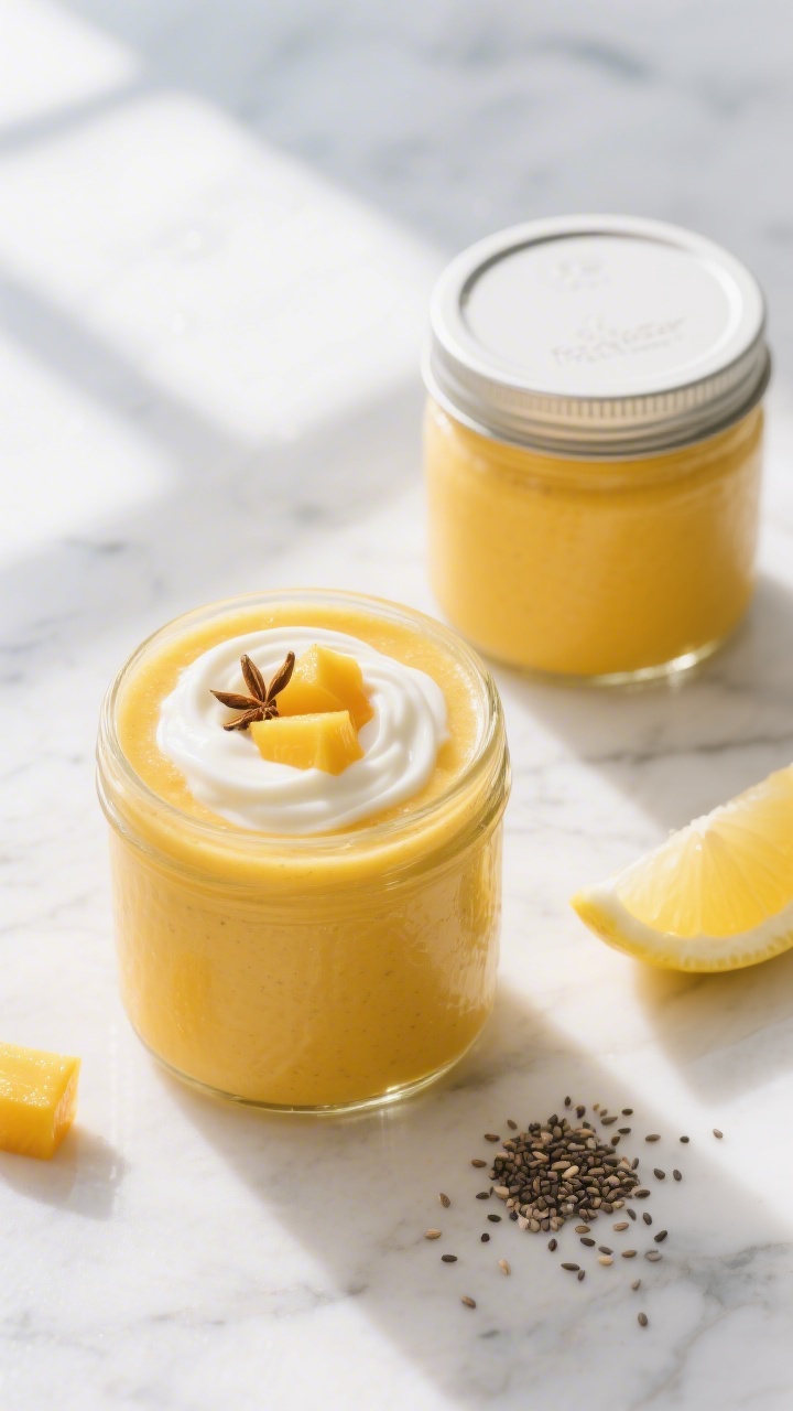 Overhead shot of two finished Mango-Bananen-Smoothies styled for “Frühstück to go”: smoothie-f