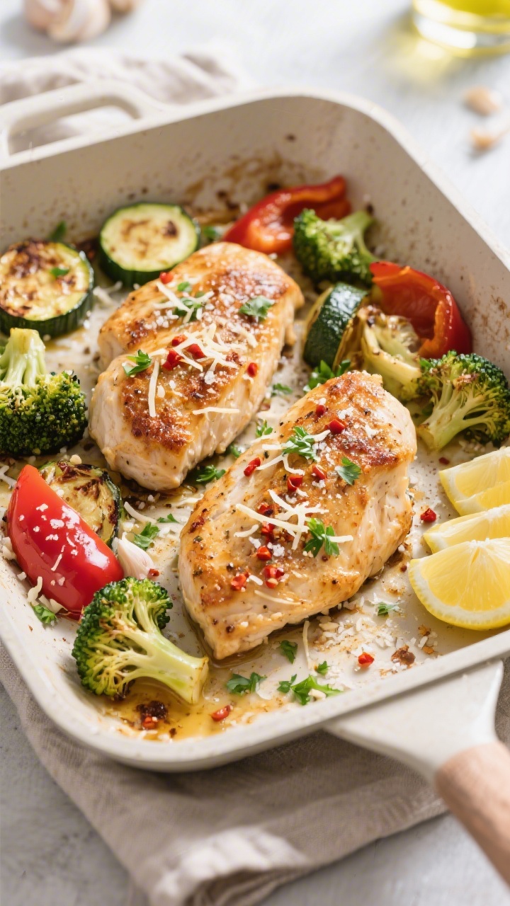 Overhead “tasty top view” of a one-pan dinner: roasted Garlic–Parmesan chicken breasts surroun