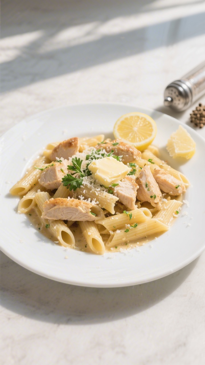 Overhead-Telleraufnahme: Hähnchen-Parmesan-Pasta (Penne) appetitlich auf einem schlichten weißen T