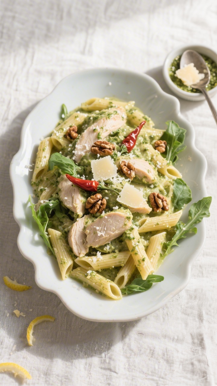 Overhead-Top-View: Al dente Penne mit Hähnchen in cremiger Basilikum-Pesto-Sauce, in einer weiten, 