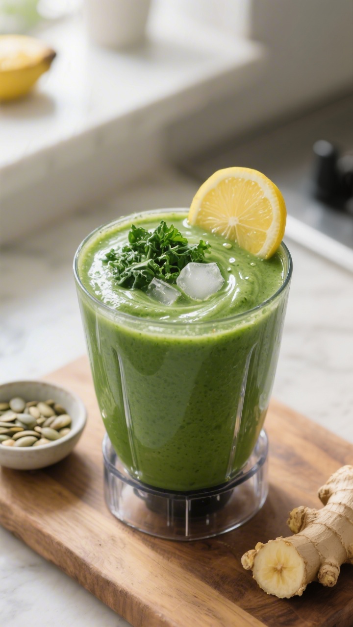 Process-focused final blend: The moment after pre-blending greens—smoothie at peak creaminess in a
