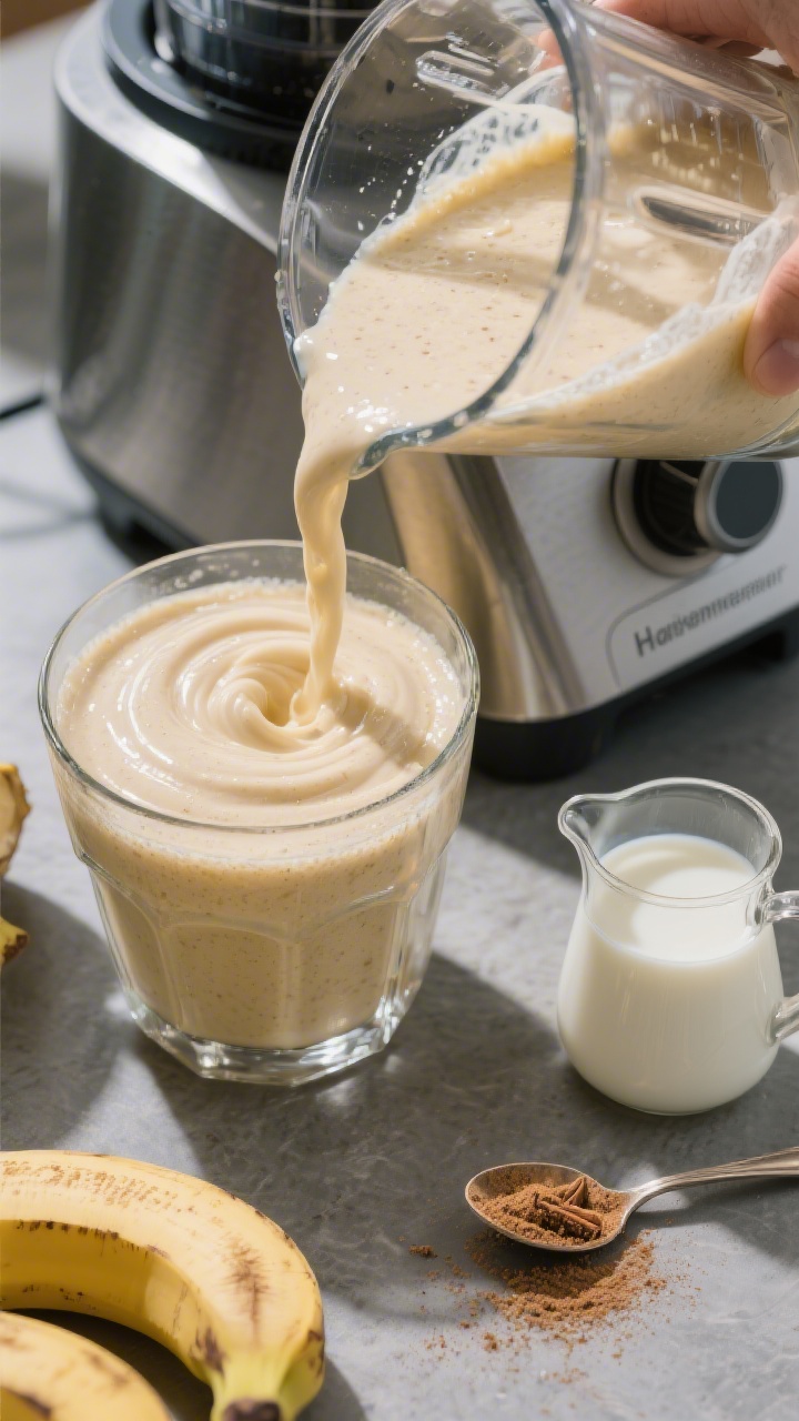 Process-focused scene of the smoothie mid-preparation in a high-speed blender: the mixture already s