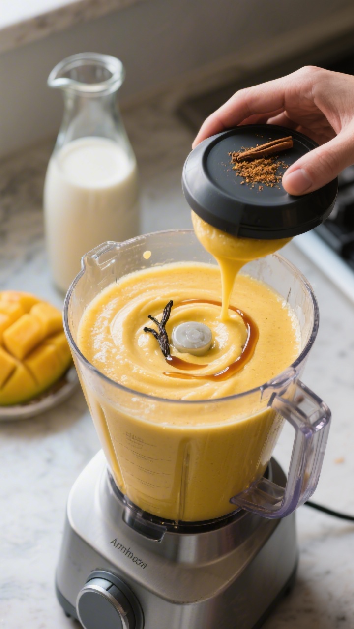 Process-in-action shot: the smoothie ingredients already combined and mid-blend in a high-speed blen