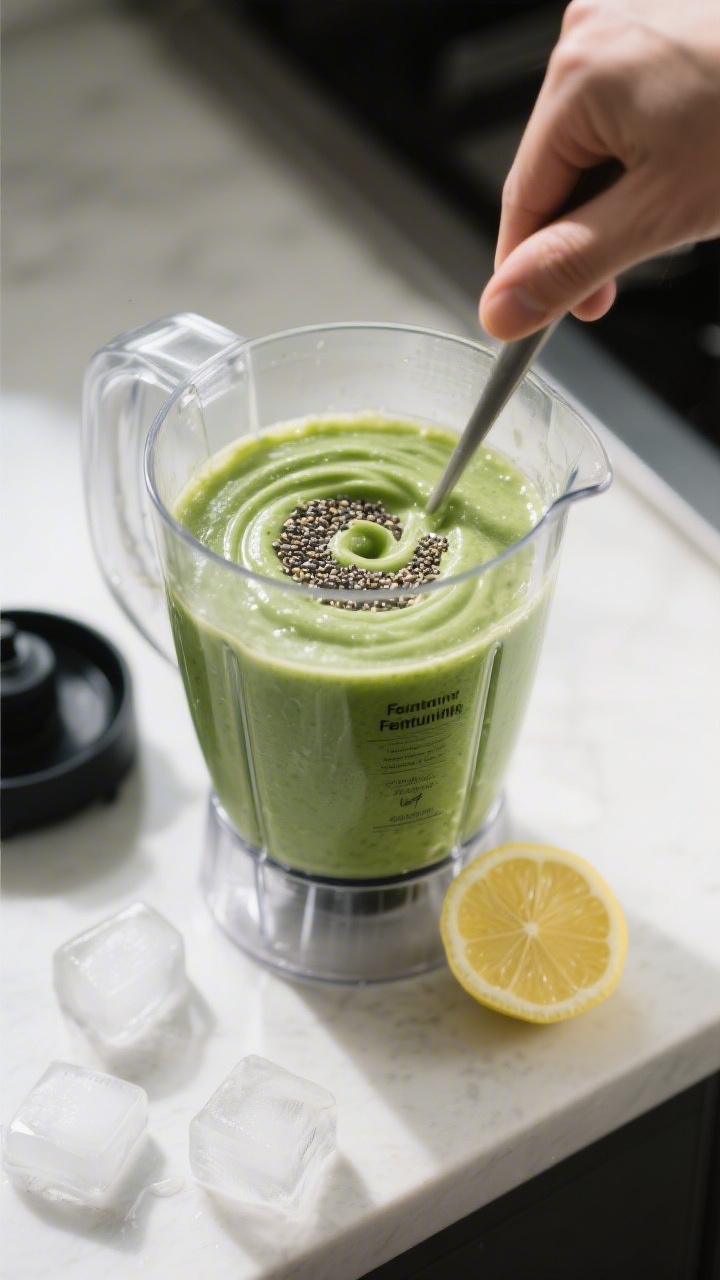 Process moment (prepared stage): the smoothie mid-blend at the “Feintuning” step in a clear blen