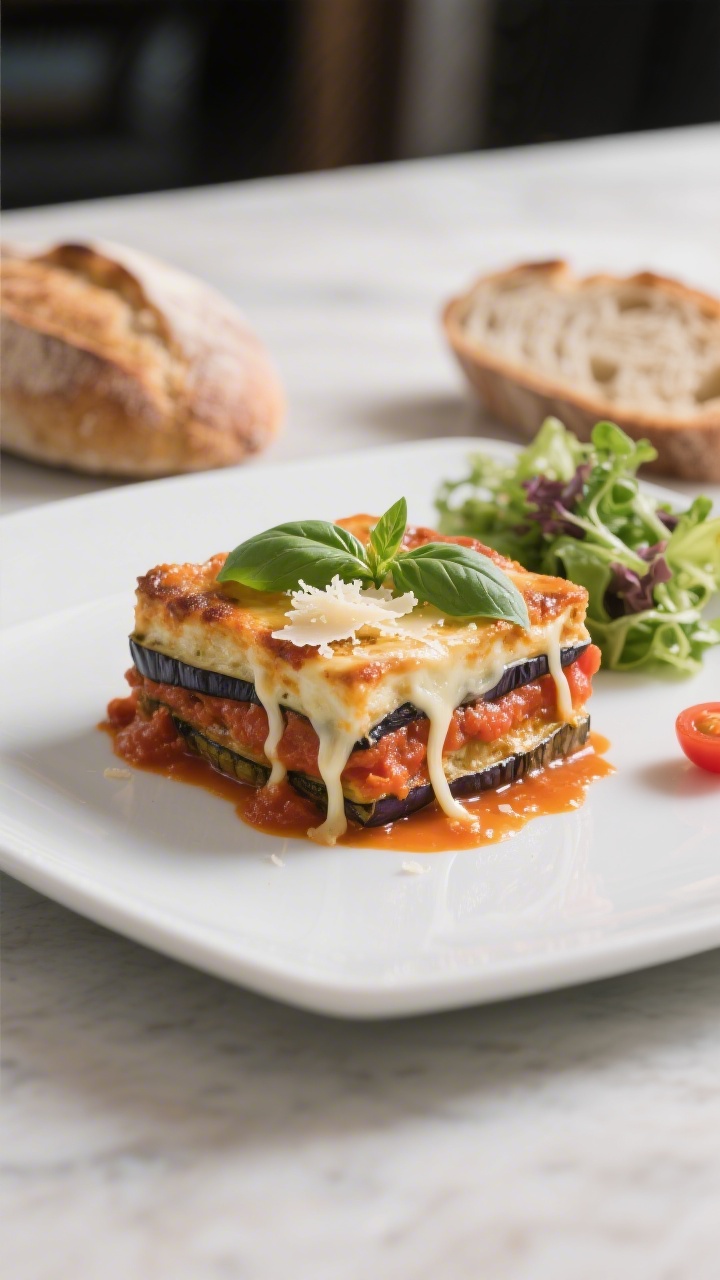 Restaurant-quality plated serving of Auberginen-Tomaten-Auflauf: a clean square portion on a matte w