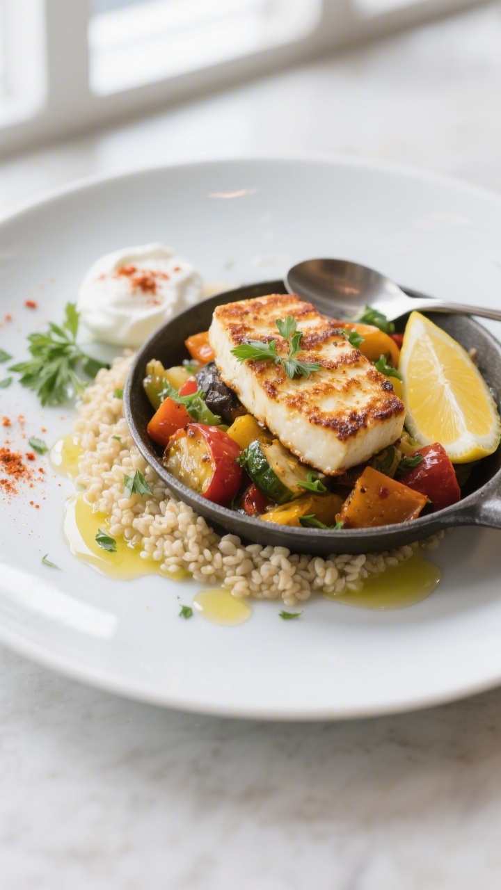 Restaurant-style final plate: Beautifully plated Halloumi-Gemüse-Pfanne over fluffy Bulgur on a mat