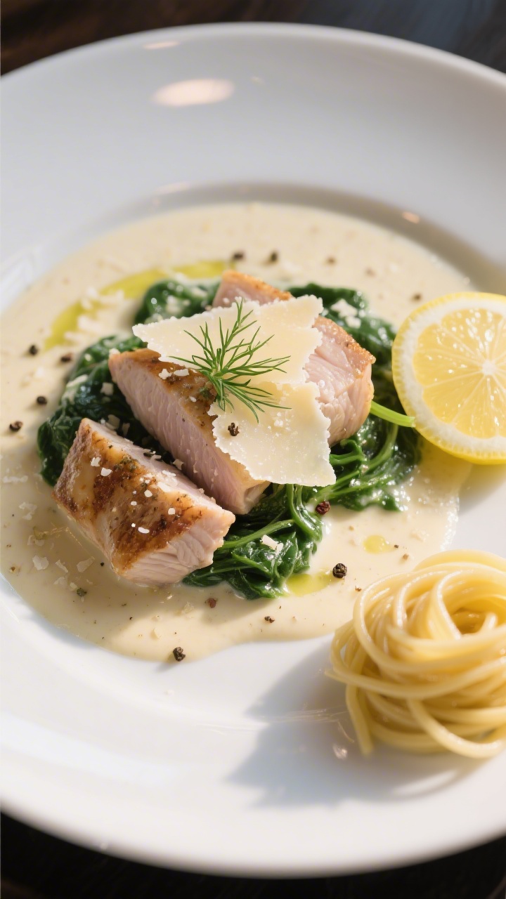 Restaurantreifer Teller-Shot des angerichteten Gerichts: Zart zerfallende Lachsstücke auf einem Bet