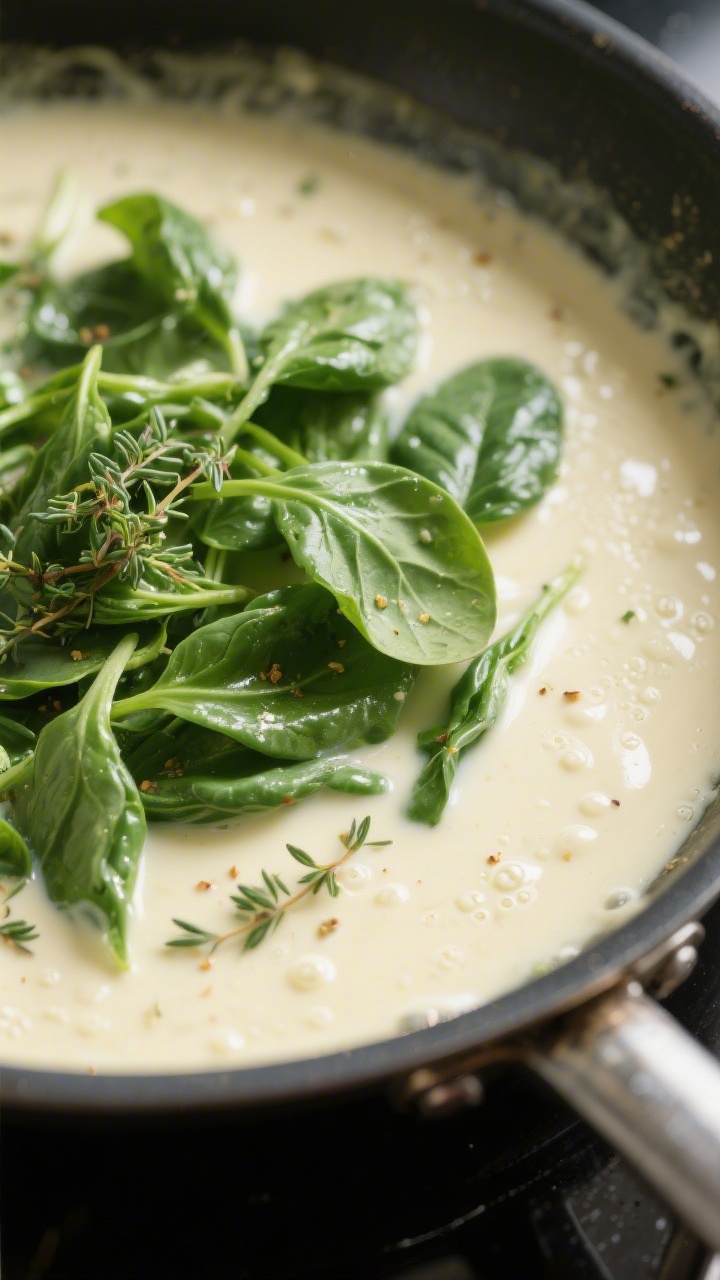 Sauce and spinach moment: Creamy sahne-brühe sauce gently simmering in a sauté pan as fresh baby s