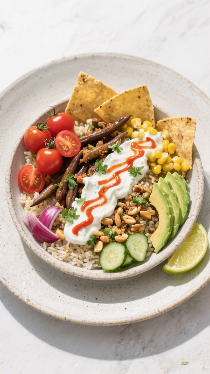Tasty Top-View der zusammengestellten vegetarischen Taco-Bowl: kreisförmige Anordnung auf hellem St