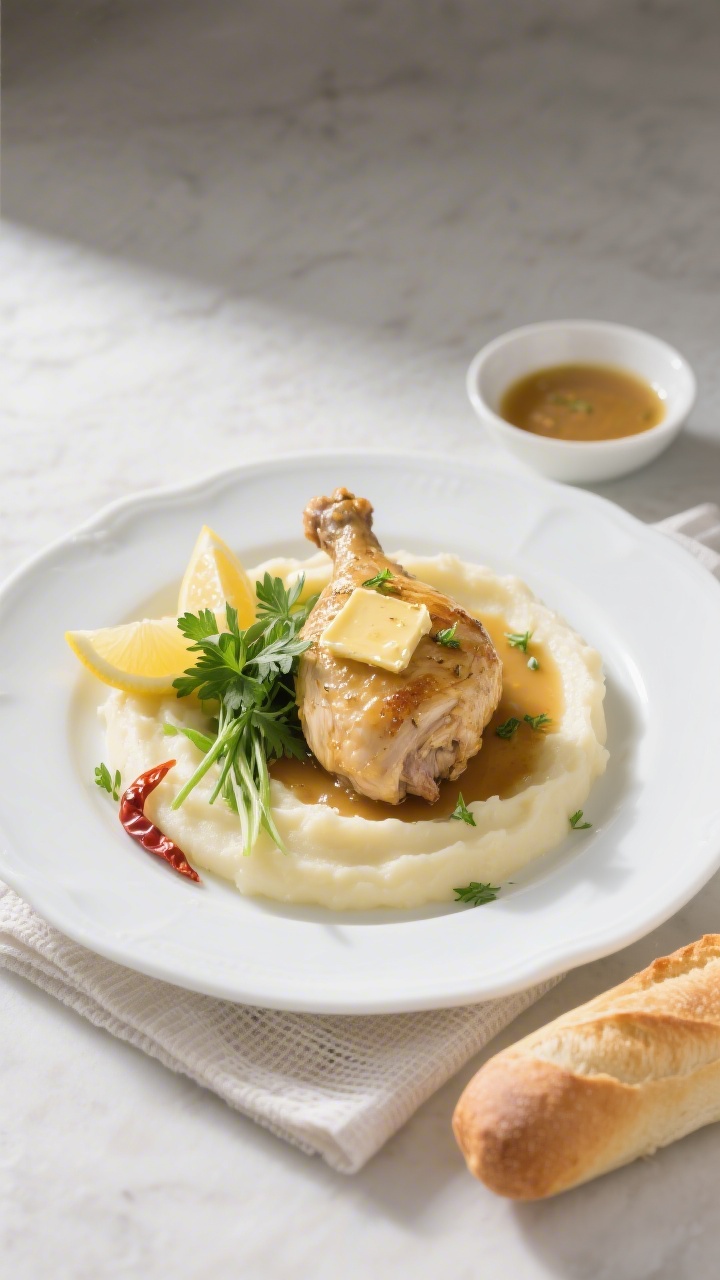 Tasty top view, final dish: Overhead-Shot eines angerichteten Tellers Knoblauch-Butter-Hähnchen mit