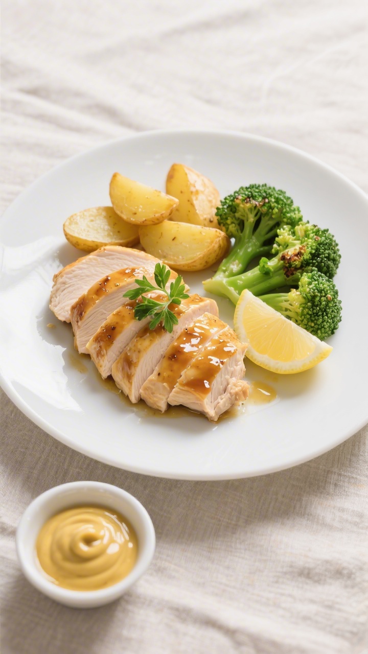 Tasty top view final plate: Overhead shot of beautifully plated Honig-Senf-Hähnchenbrust, sliced an