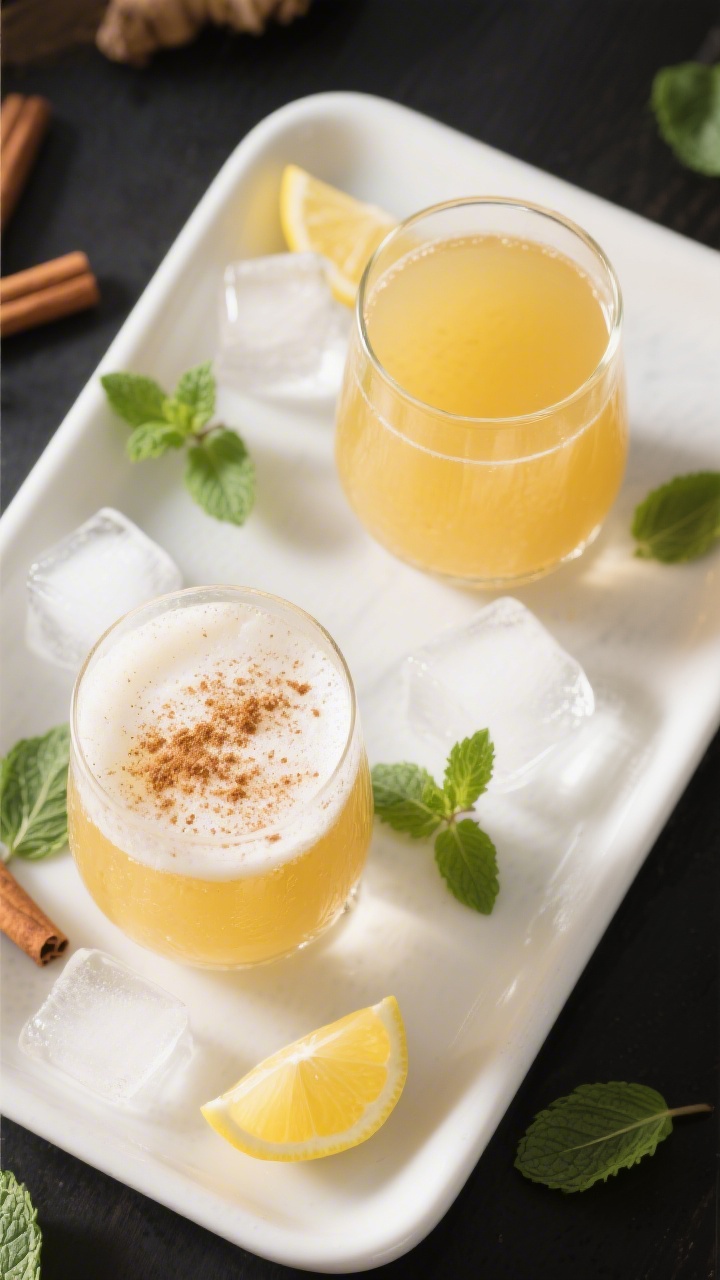 Tasty top-view final presentation: Overhead shot of two glasses of Apfel Ingwer Saft on a white cera