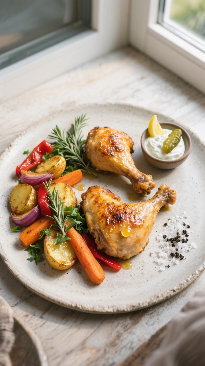 Tasty Top View/Finale Präsentation: Overhead-Shot eines angerichteten Tellers mit zwei Ofen-Hähnch