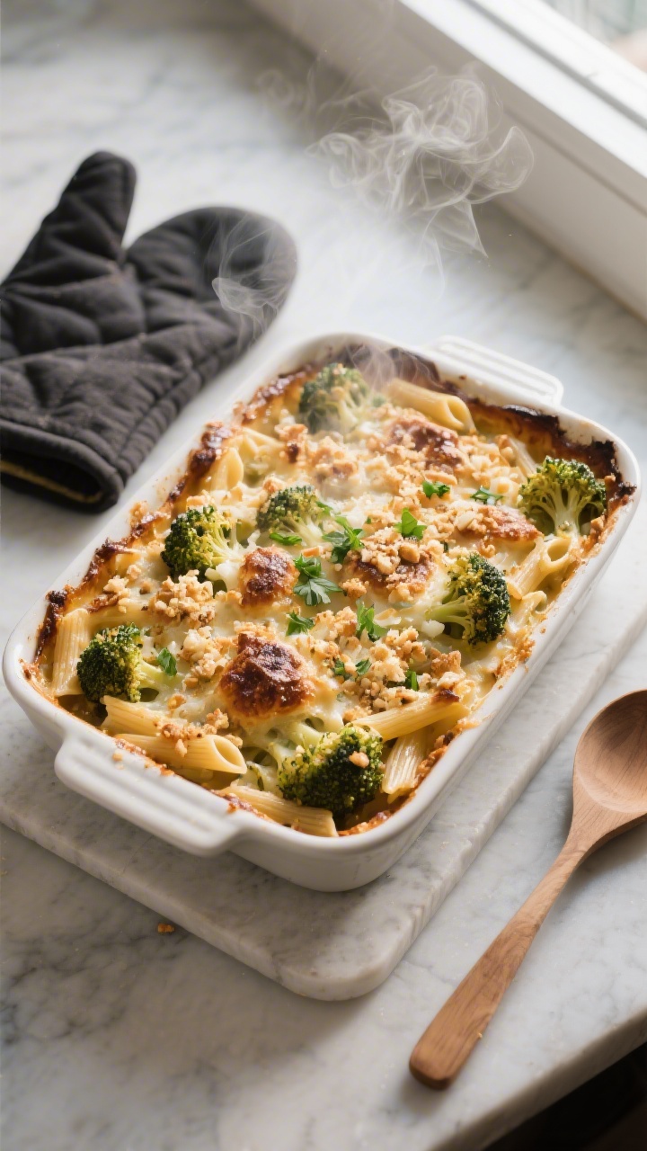 Tasty Top-View: Goldbraun überbackener Brokkoli-Nudelauflauf direkt nach dem Ofen, gleichmäßig be