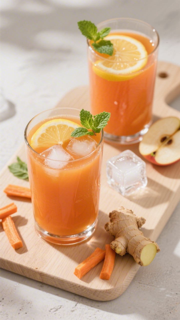 Tasty top view of the final drink: Two glasses of Apfel Karotten Saft on a light wooden board, glowi