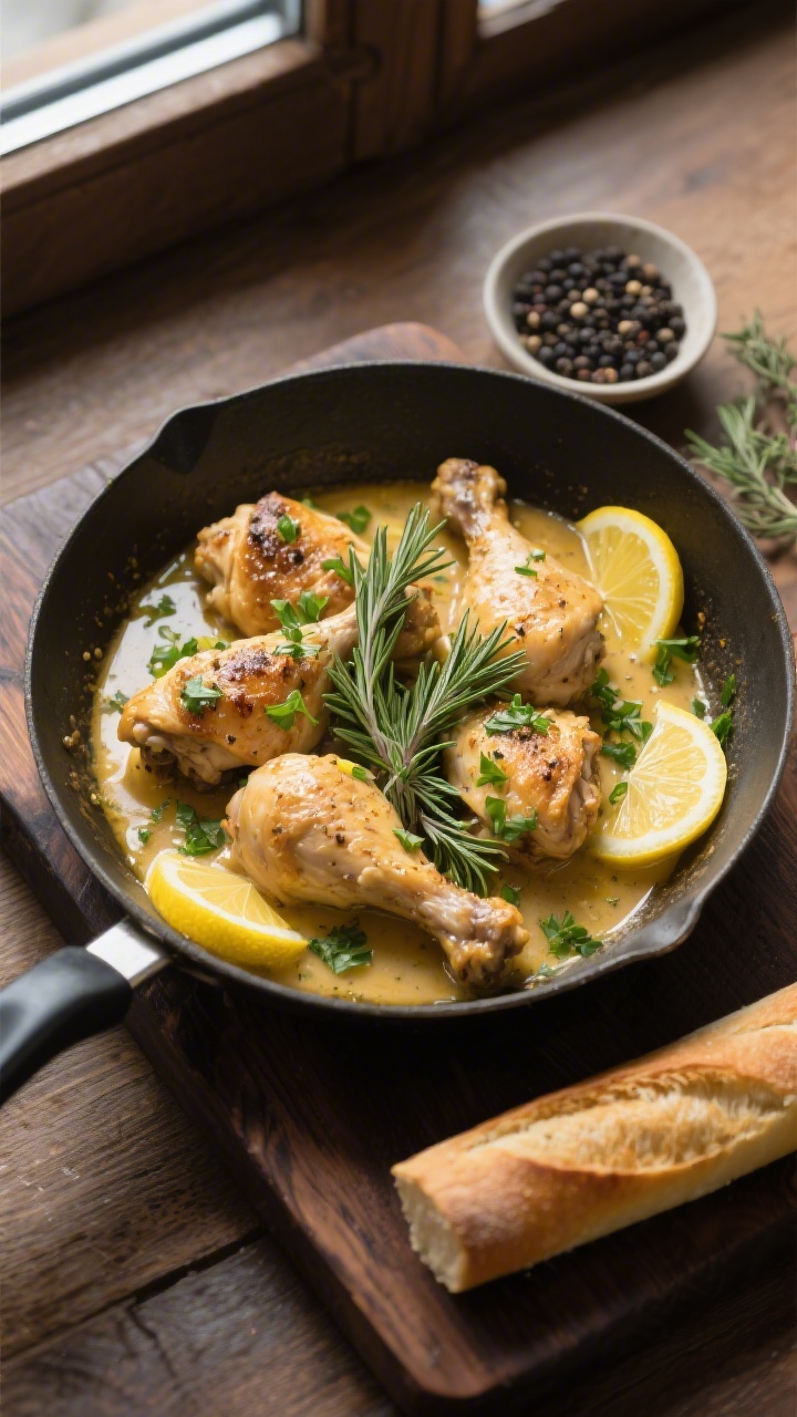 Tasty top view: Overhead-Aufnahme der Zitronen-Hähnchen-Pfanne in der finalen Phase, Hähnchenstüc