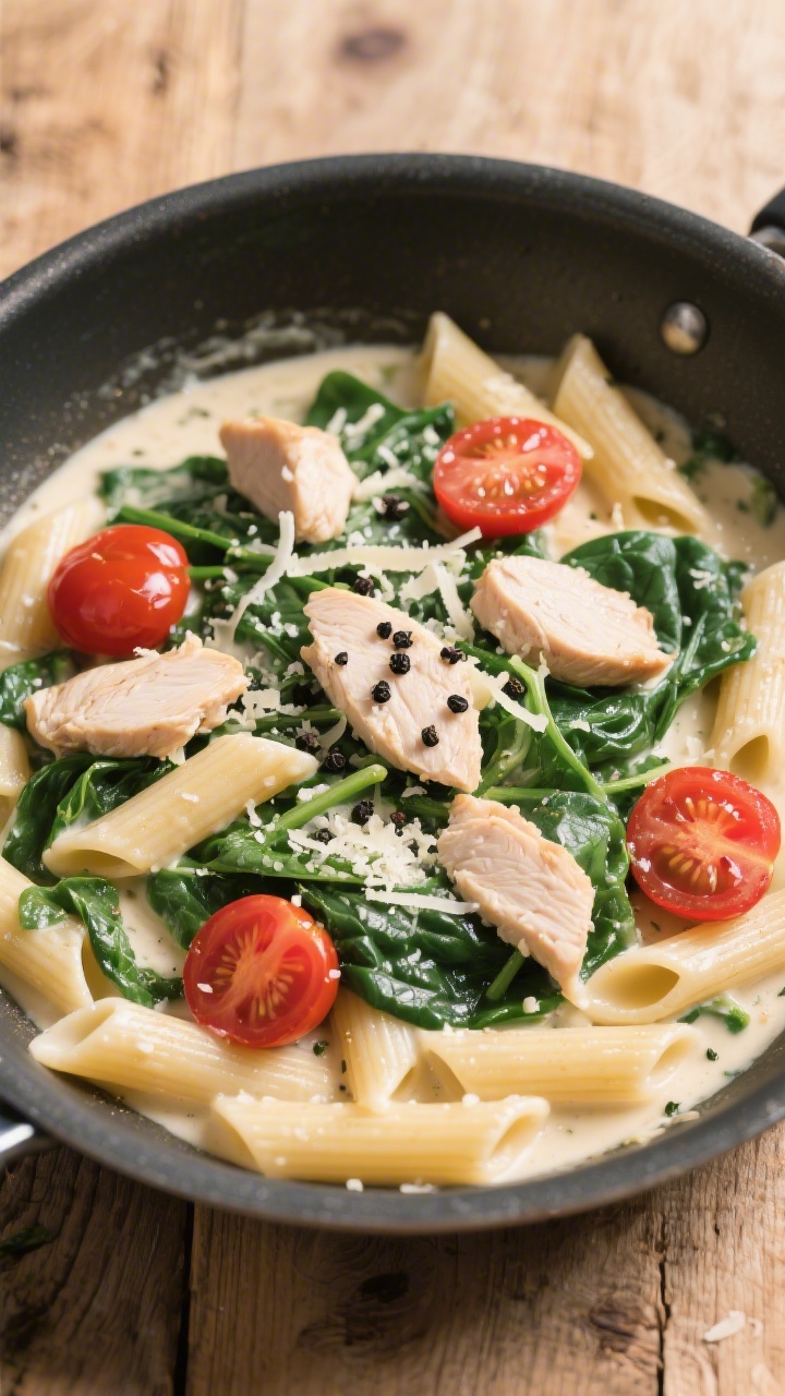 Tasty top view, overhead: Overhead-Aufnahme einer Pfanne voll cremiger Hähnchen-Spinat-Pasta (Penne