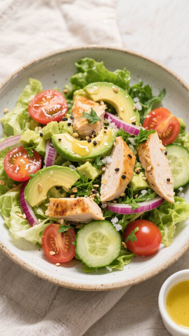 Tasty top view (overhead): Overhead shot of Hähnchen-Avocado-Salat in a wide, shallow ceramic bowl;