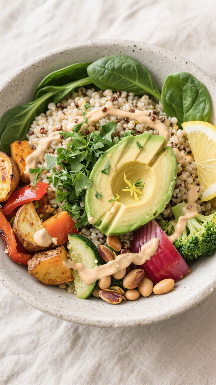 Tasty top view (overhead): Overhead shot of the assembled Quinoa-Bowl—fluffy, aufgelockerter Quino