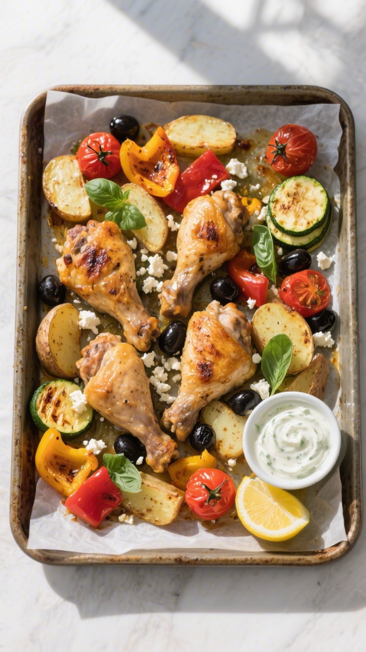 Tasty top view: Overhead shot of a full sheet pan of Mediterranean oven chicken with vegetables arra