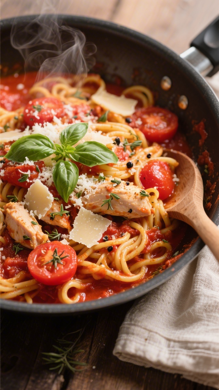 Tasty top view: Overhead shot of Hähnchen-Tomaten-Pasta in a deep sauté pan, pasta just folded int