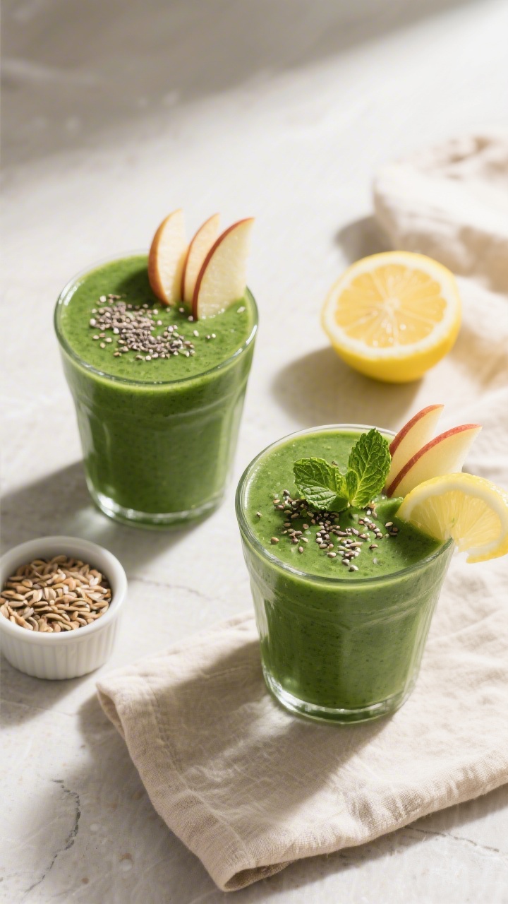 Tasty top view: Overhead shot of the final kale smoothie served in two short tumblers, vibrant deep-