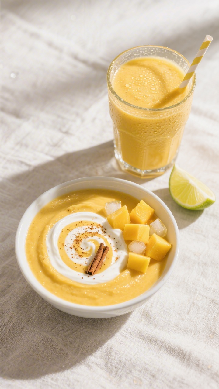 Tasty top-view overhead shot of the final Mango-Bananen-Smoothie served two ways: one thick, smoothi