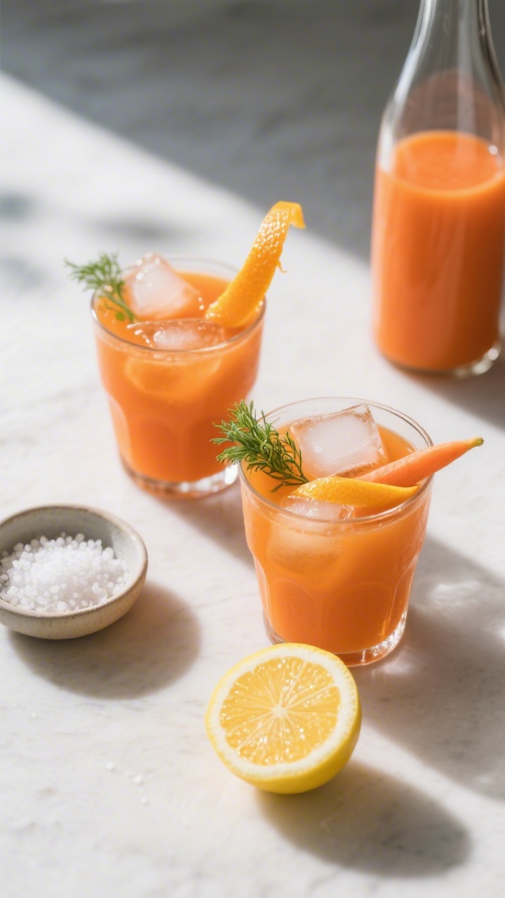Tasty top view: Overhead shot of the final orange–carrot juice served in two minimalist glasses pa