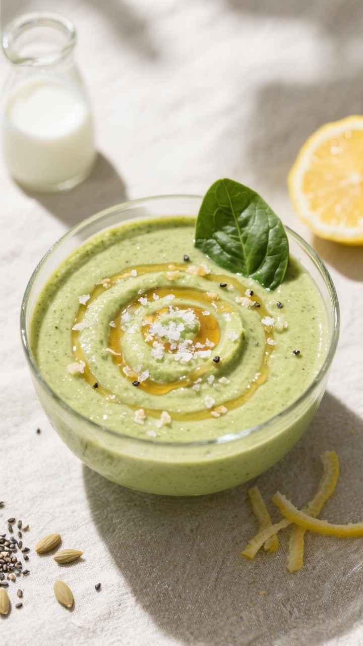 Tasty top view: Overhead shot of the finished Avocado Spinat Smoothie served in a wide bowl glass fo