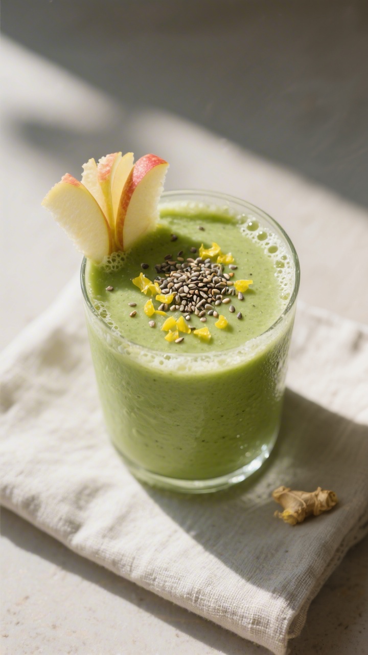 Tasty top view: overhead shot of the finished green smoothie in a wide-mouth glass, topped with a sp