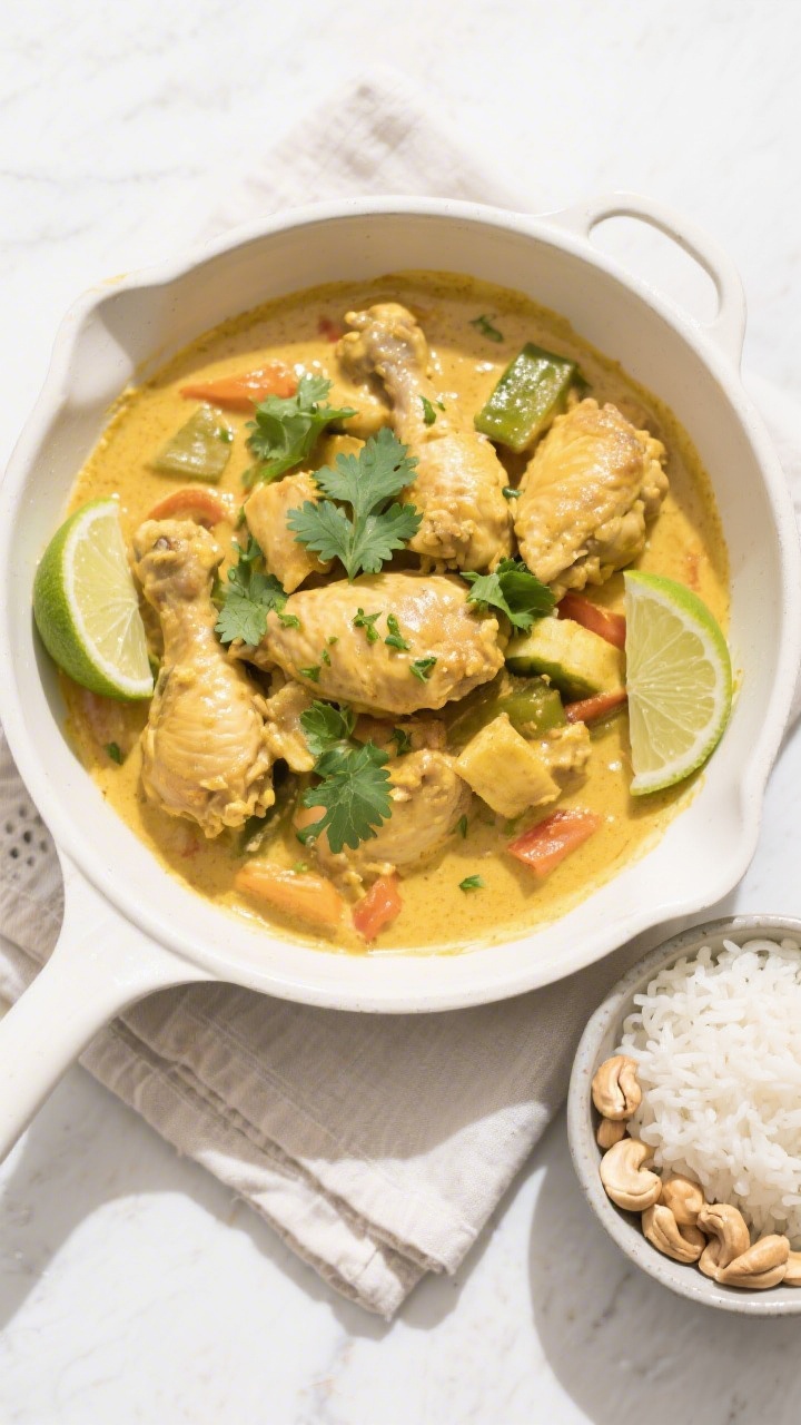 Tasty top view: Overhead shot of the finished Hähnchen-Kokos-Curry served family-style in a wide, m