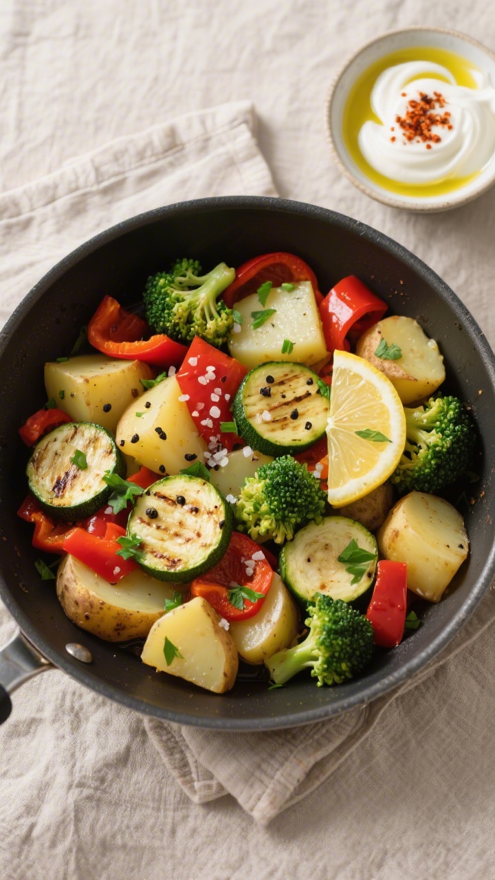 Tasty top view: Overhead shot of the finished Kartoffel-Gemüse-Pfanne just off the heat—tender po