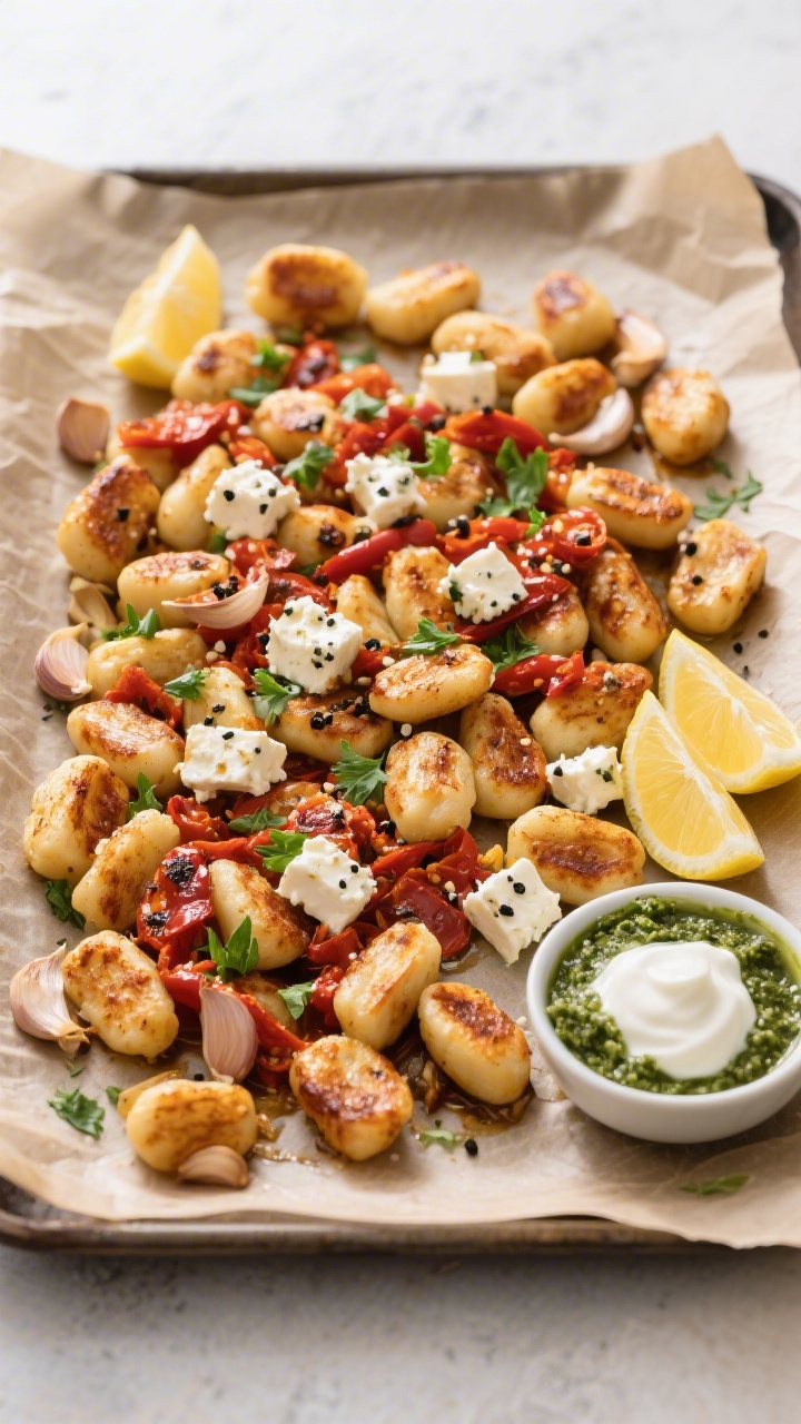 Tasty top view: Overhead shot of the finished Ofen-Gnocchi mit Paprika & Feta served family-style on