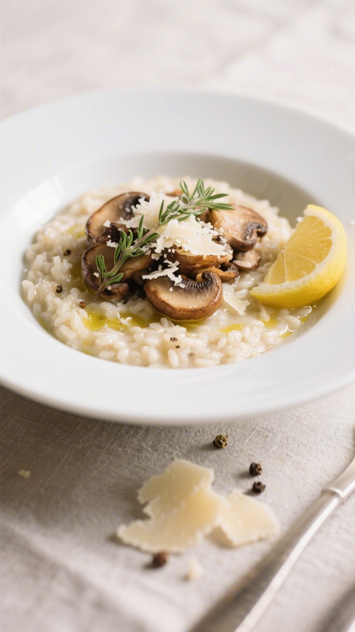 Tasty top view: Overhead shot of the finished Pilz-Risotto mit Parmesan served in a shallow white bo
