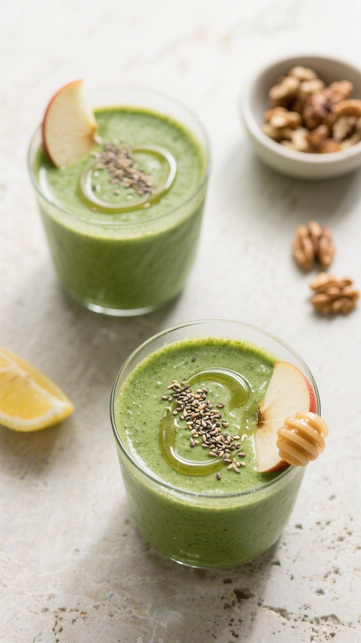 Tasty top view: Overhead shot of two finished Spinat-Apfel-Smoothies served in short, wide glasses, 