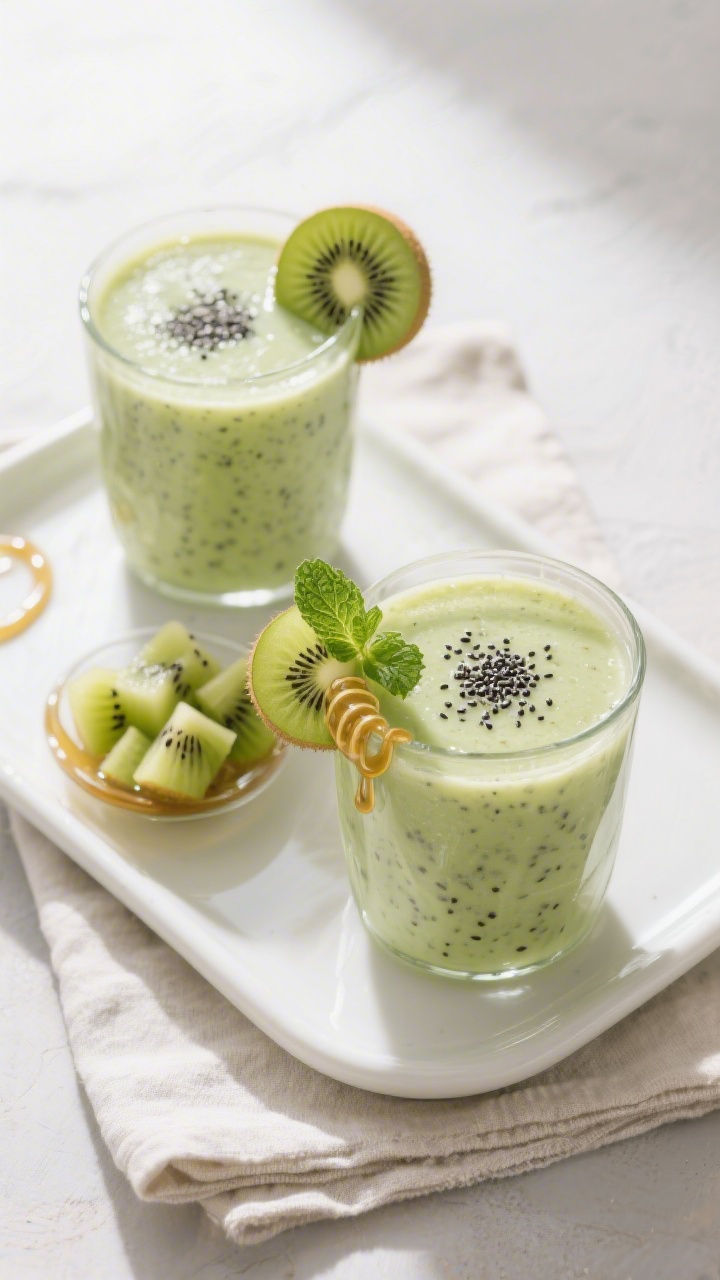 Tasty top view: Overhead shot of two glasses filled with thick kiwi-banana smoothie, glossy pale-gre